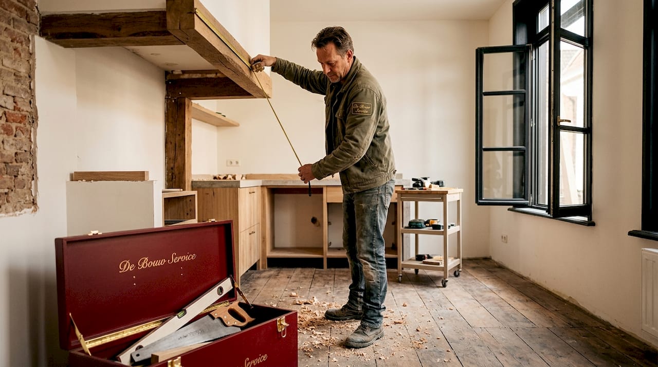 Een timmerman is bezig een houten balk op maat te meten in een net verbouwd huis.
