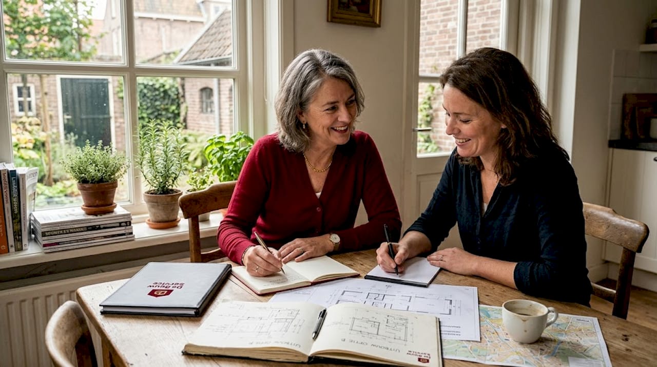 Een bouwkundig adviseur bespreekt samen met de eigenaar van het huis de mogelijkheden voor het vernieuwen van het dak.