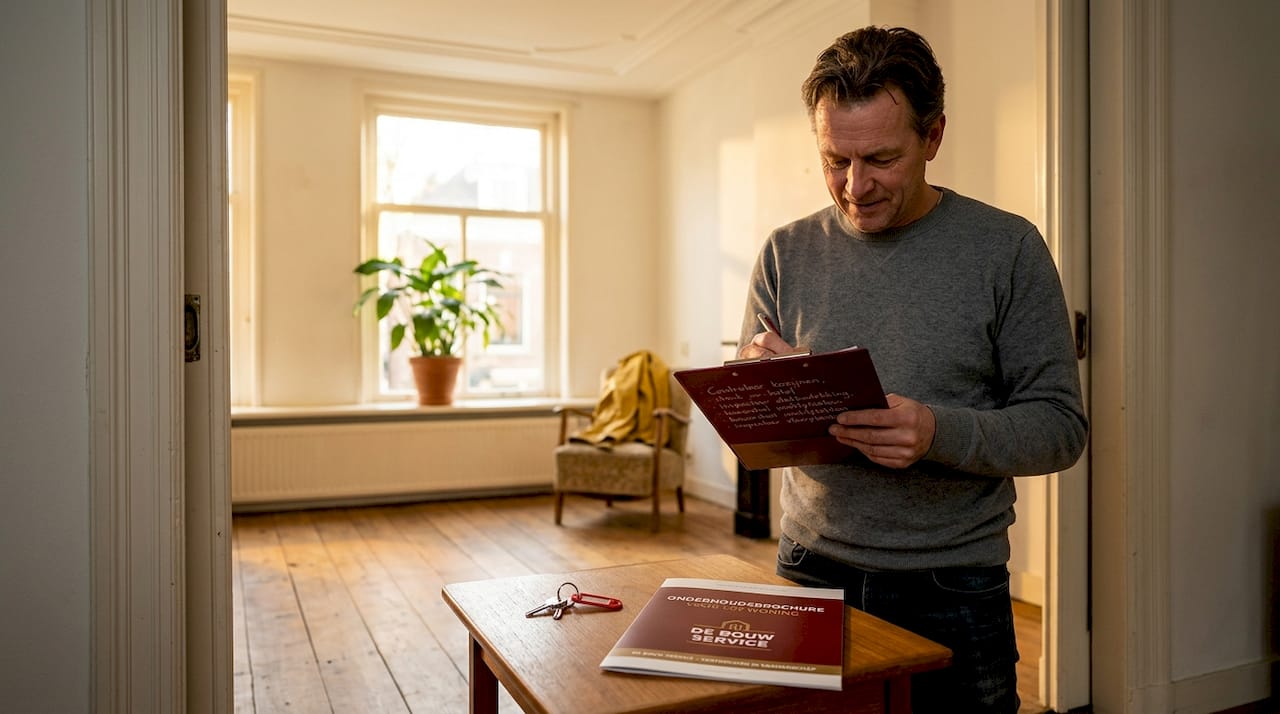 De eigenaar van het huis loopt een rondje door de woonkamer om alles even goed te controleren.