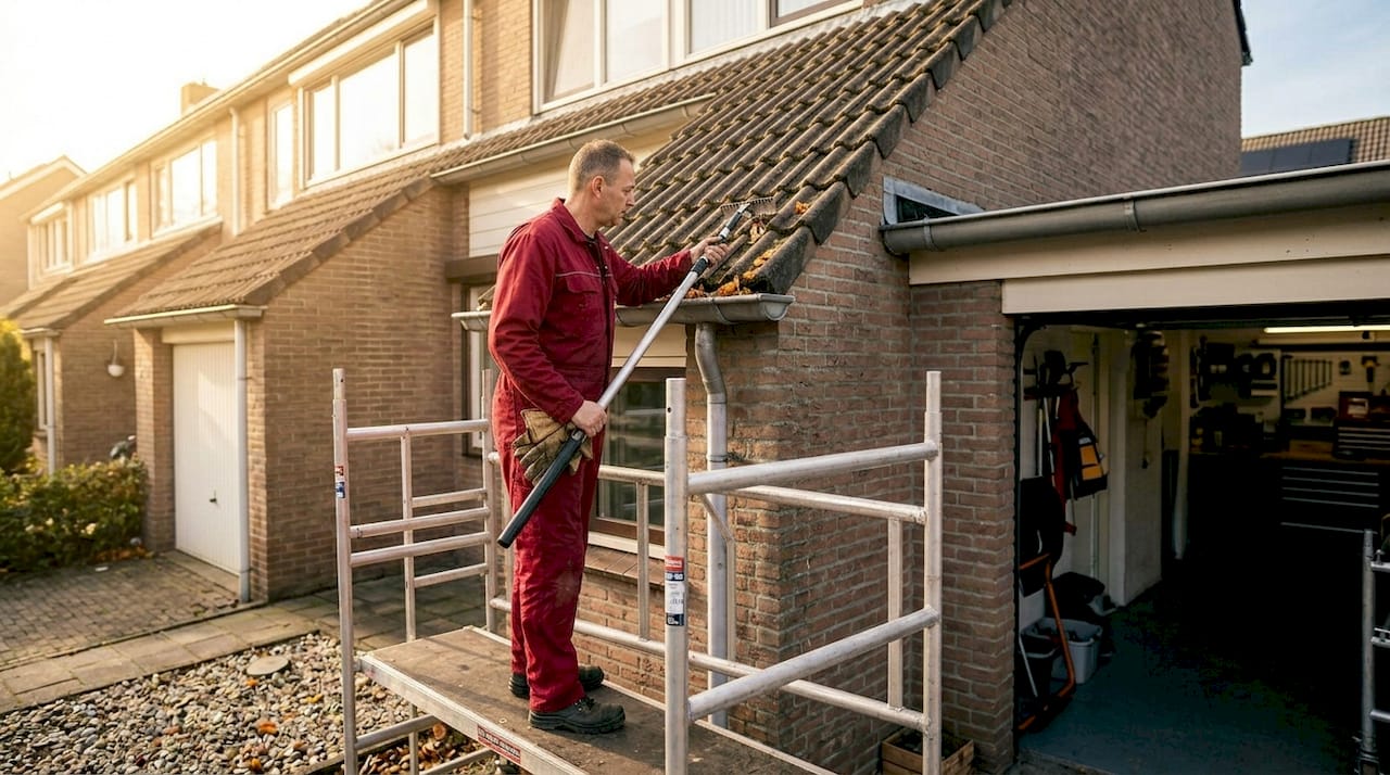 Een eigenaar van een woning begint met het inspecteren van het dak door op een ladder te klimmen.