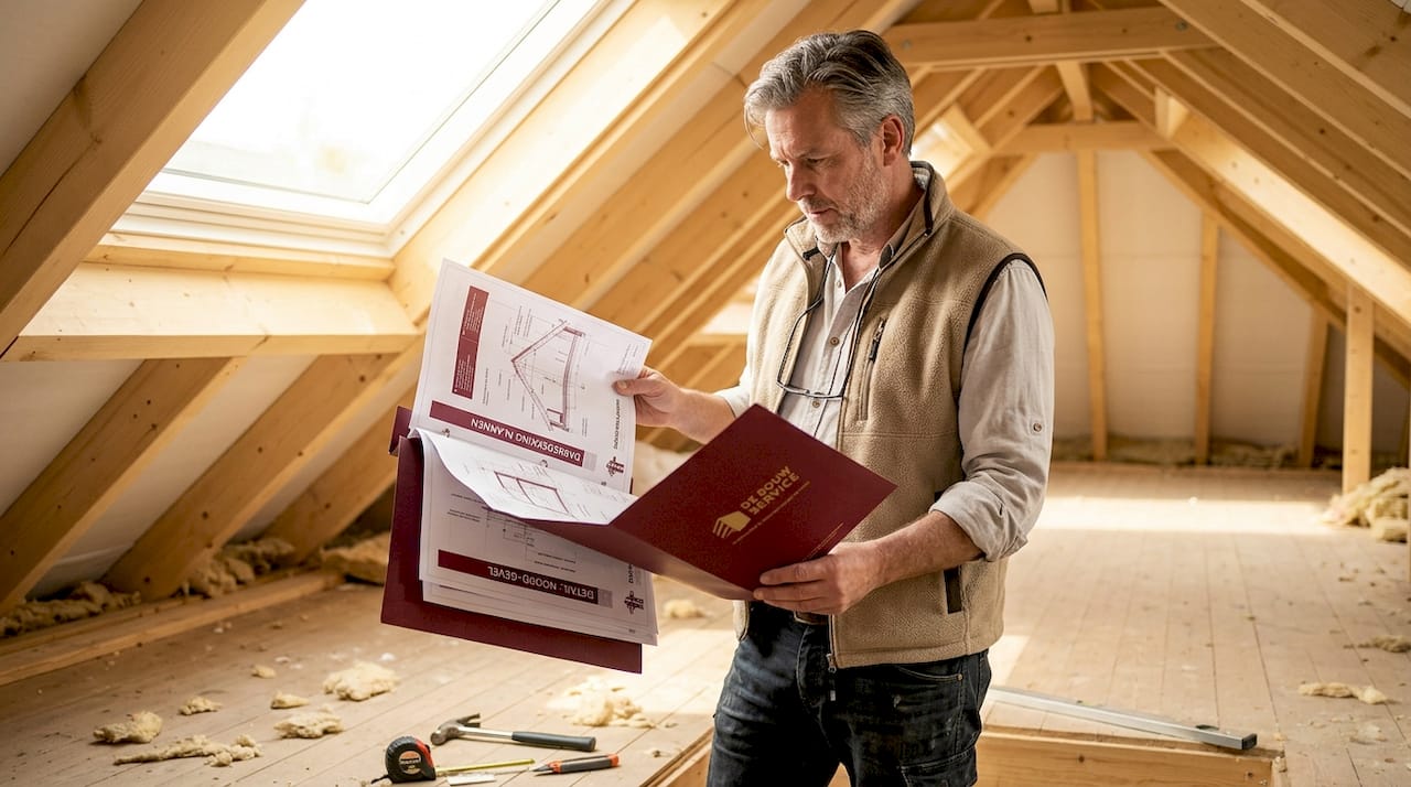 Een huiseigenaar inspecteert het dak van de zolder met het oog op een mogelijke renovatie.