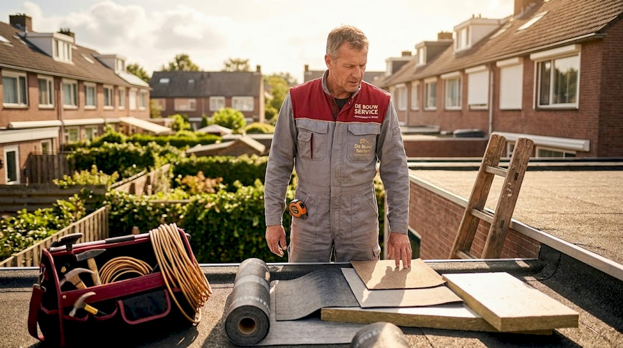 Een dakdekker inspecteert de materialen op het hellende dak.