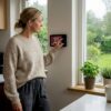 Een vrouw stelt de thermostaat bij in haar energiezuinige woonkamer.