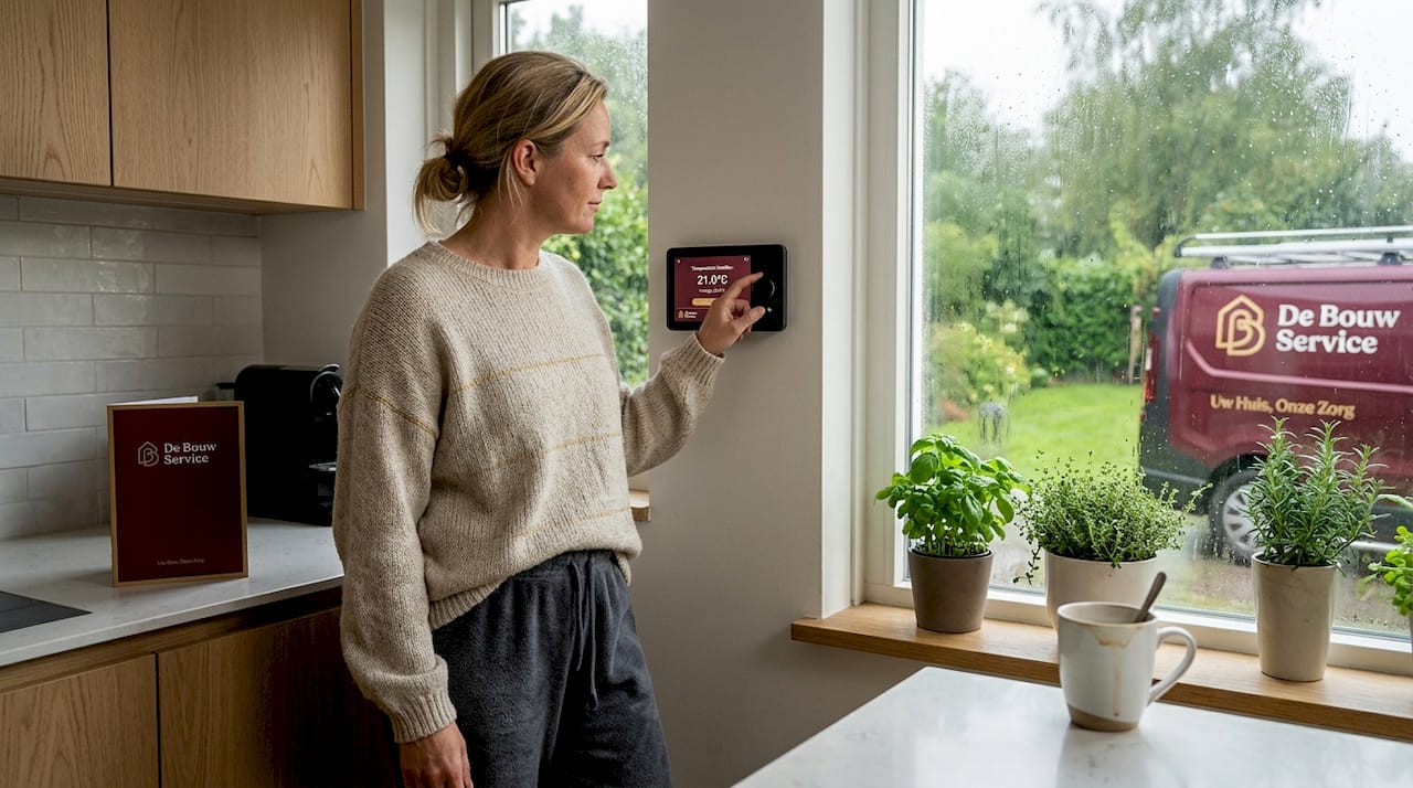 Een vrouw stelt de thermostaat bij in haar energiezuinige woonkamer.