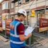 Op de bouwplaats houdt een bouwvakker nauwlettend toezicht op de veiligheid tijdens de renovatiewerkzaamheden.