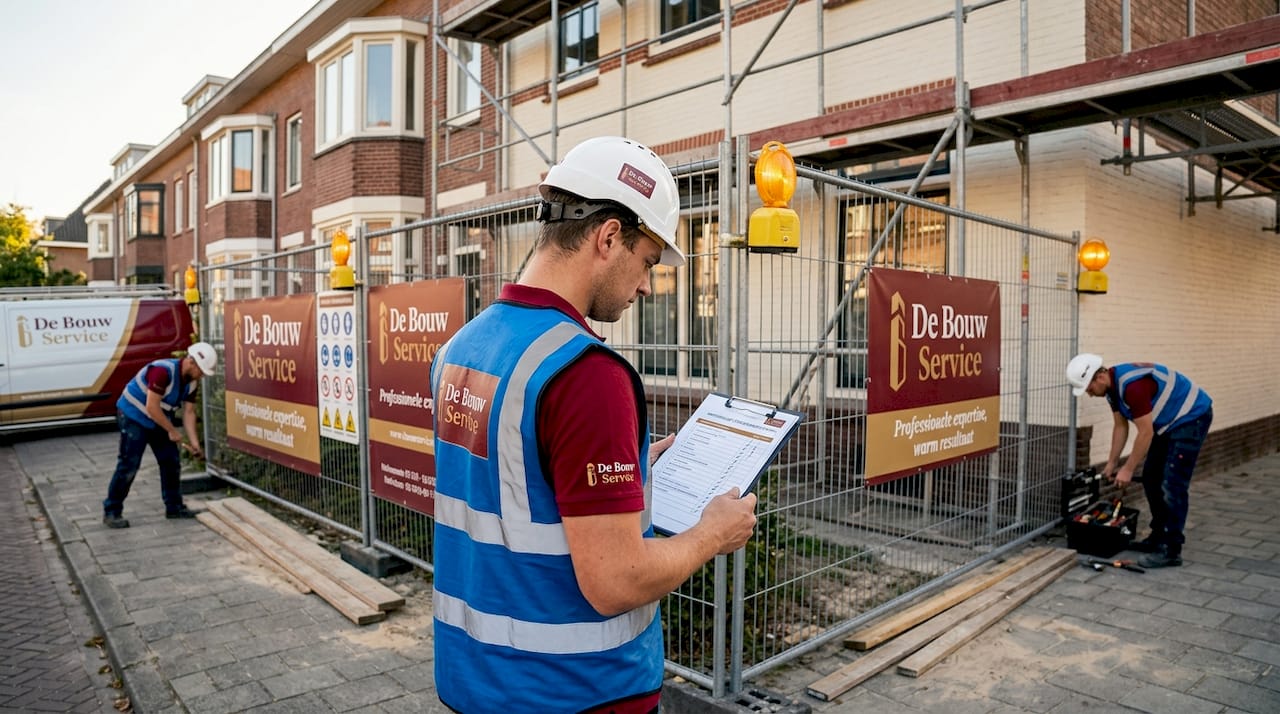 Op de bouwplaats houdt een bouwvakker nauwlettend toezicht op de veiligheid tijdens de renovatiewerkzaamheden.