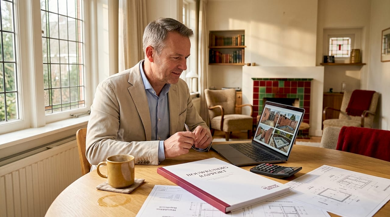 Man neemt bouwkundig rapport thuis aandachtig door