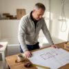 Een ontwerper bestudeert de bouwtekeningen in een eigentijdse, energiezuinige woning.