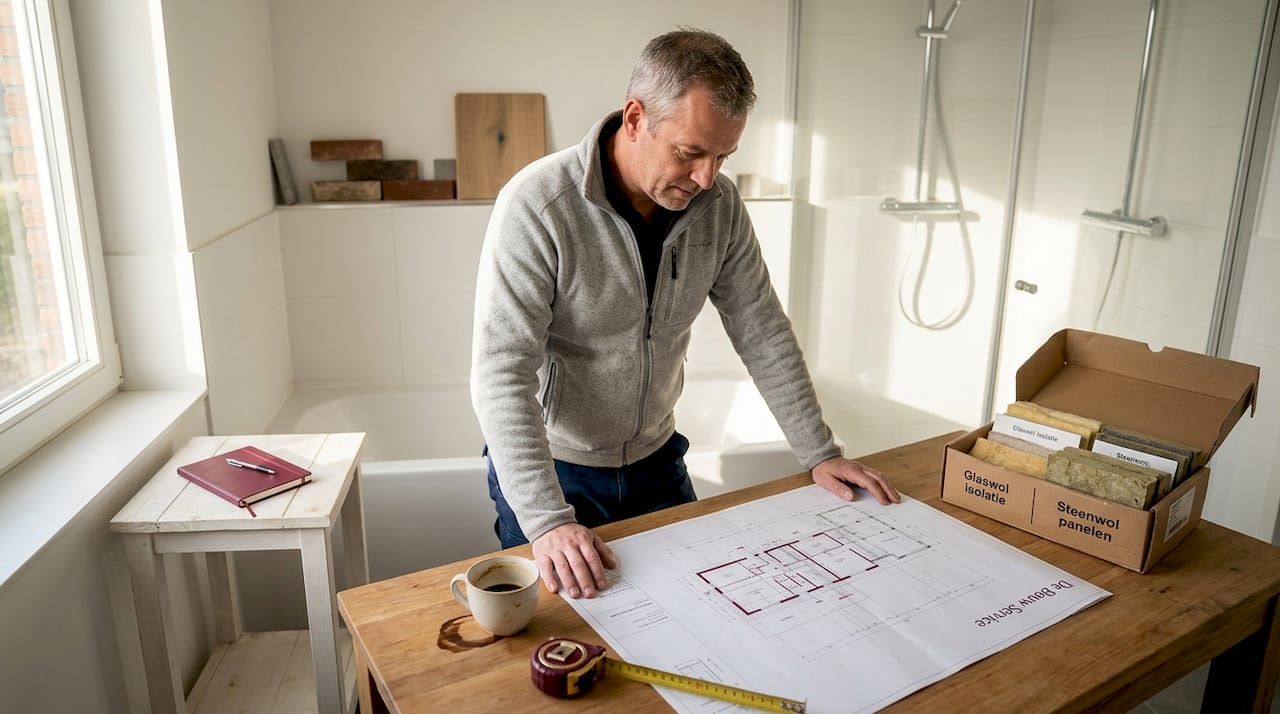 Een ontwerper bestudeert de bouwtekeningen in een eigentijdse, energiezuinige woning.