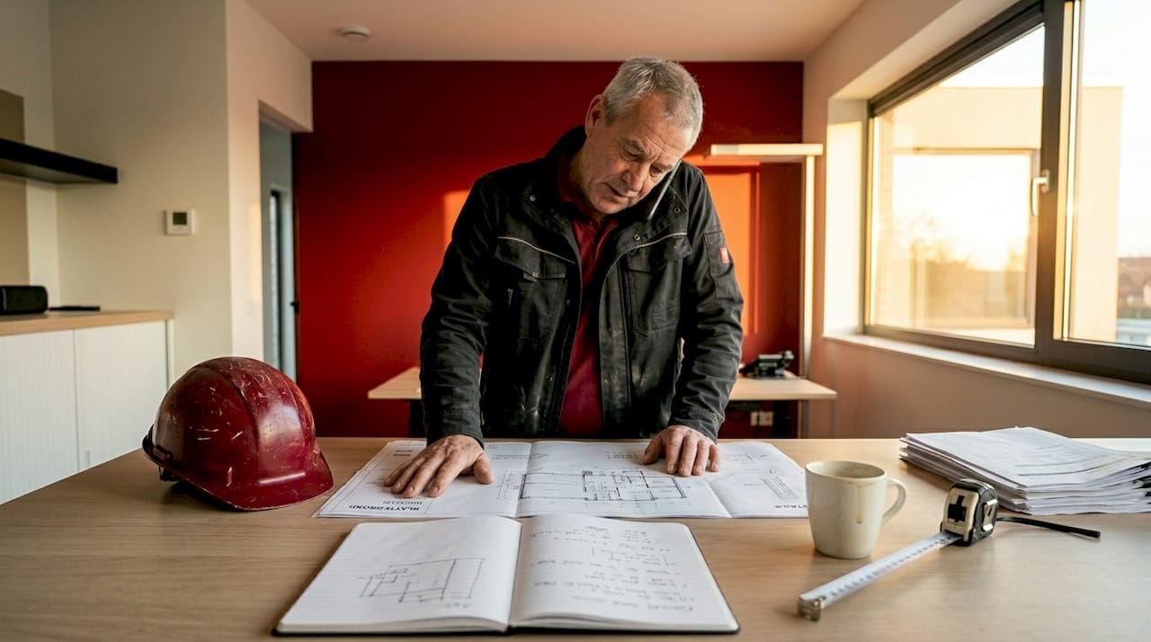In een compact bouwkantoor buigt de aannemer zich over de bouwtekeningen.