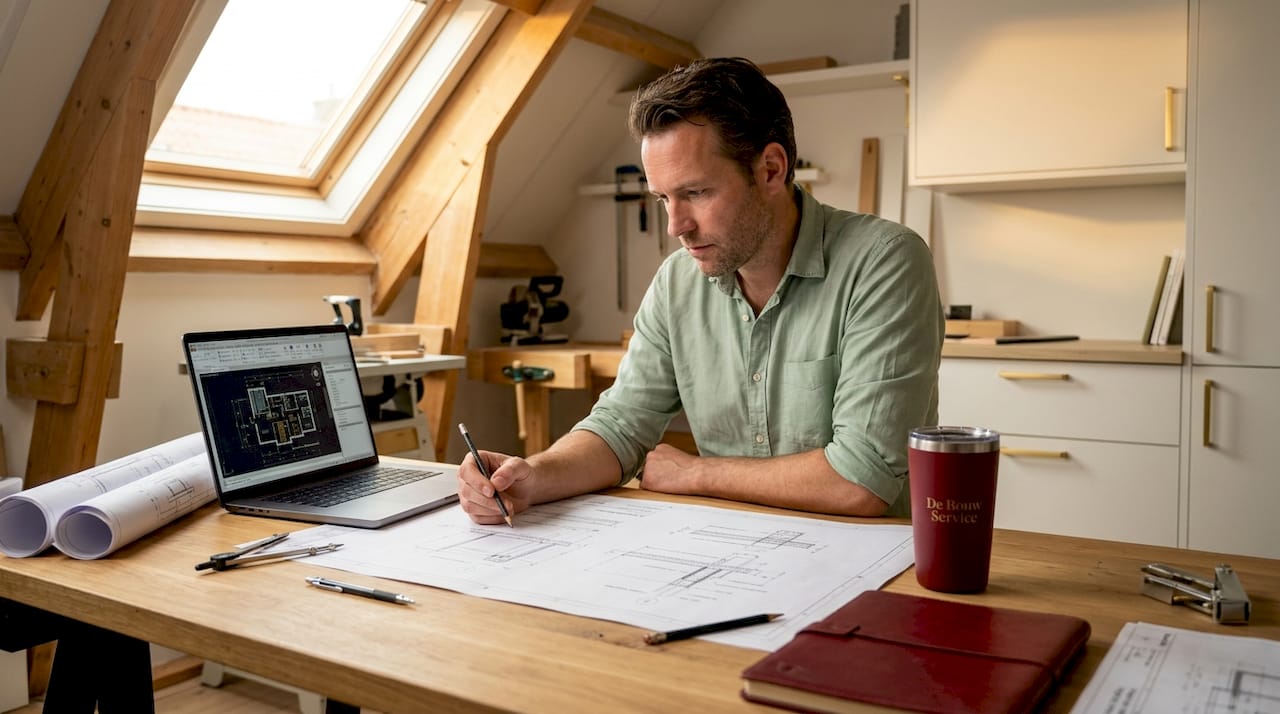 De architect bekijkt en beoordeelt de bouwkundige detailtekening.