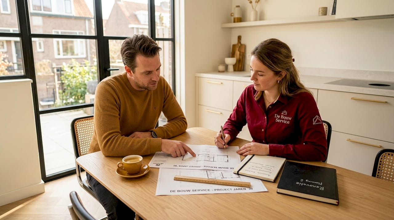 De woningeigenaar en de aannemer zitten samen om tafel om de bouwplannen door te nemen.