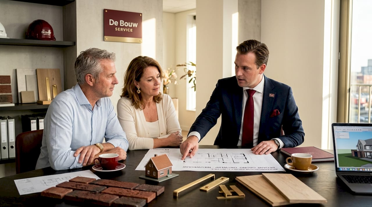 Een stel bespreekt hun sleutel-op-de-deur woningplannen tijdens een adviesgesprek op kantoor.