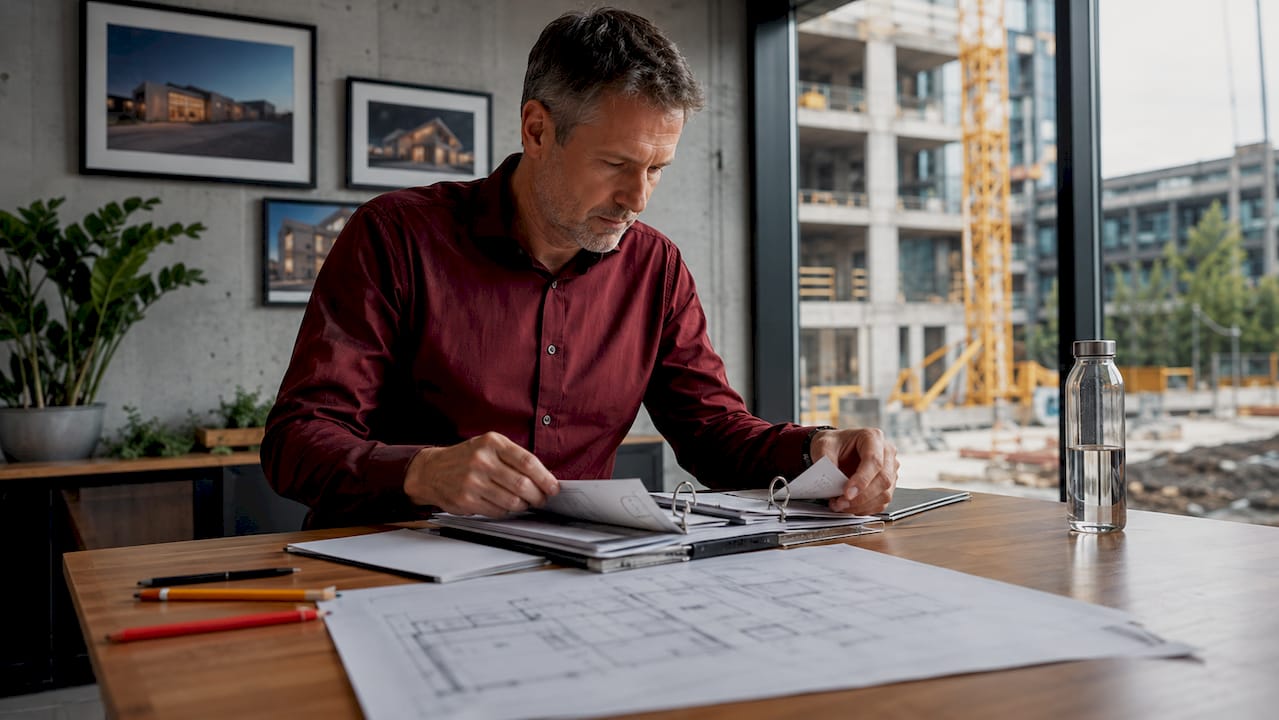 De bouwmanager bespreekt en stemt de bouwplannen af tijdens vergaderingen aan tafel.