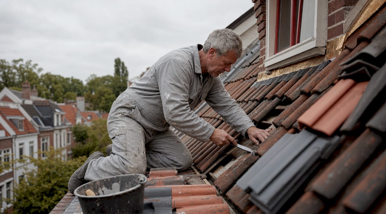 Man bezig met het repareren van een pannendak