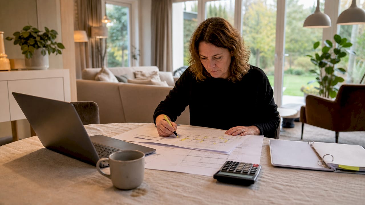 Een vrouw zit thuis aan de eettafel en loopt zorgvuldig haar checklist voor de verbouwing door.