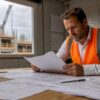 De projectmanager neemt de bouwtekeningen door in het kantoor op de bouwplaats.