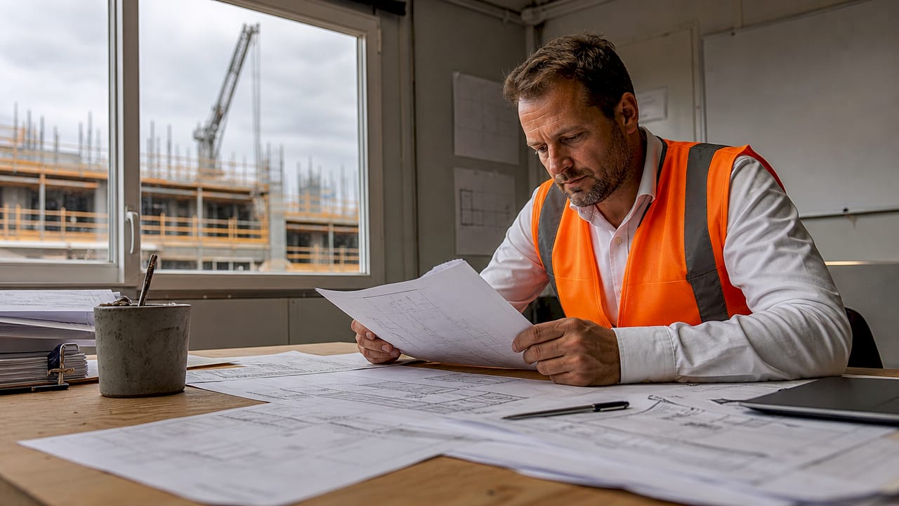 De projectmanager neemt de bouwtekeningen door in het kantoor op de bouwplaats.