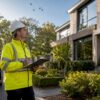 Een bouwkundig inspecteur loopt rondom het huis om de staat van de buitenkant te beoordelen.