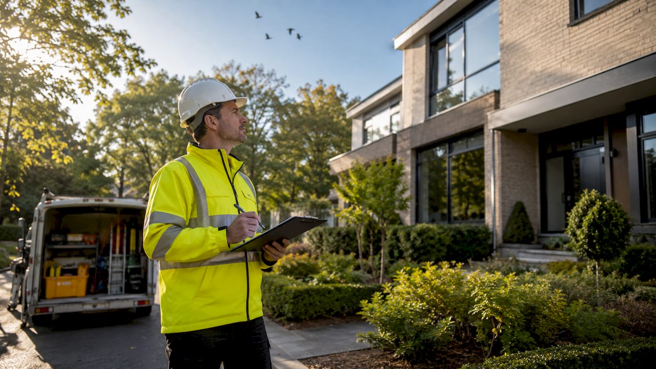 Een bouwkundig inspecteur loopt rondom het huis om de staat van de buitenkant te beoordelen.