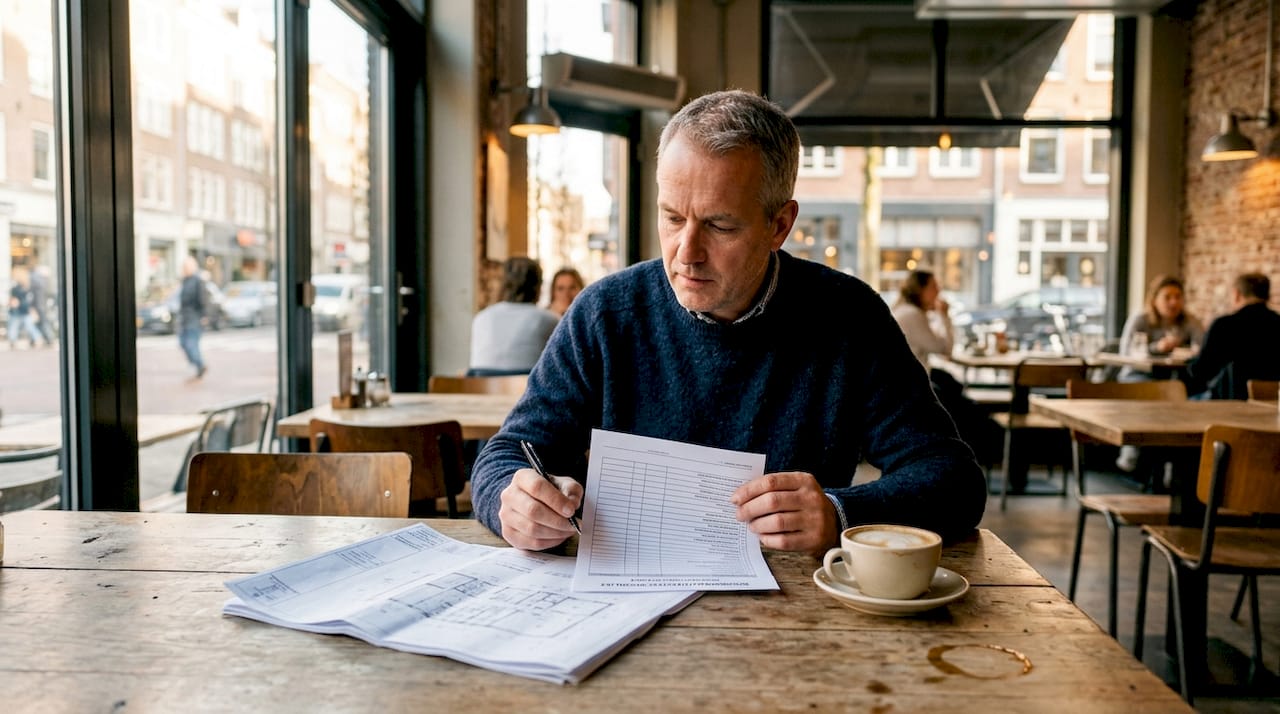 Een particuliere woningeigenaar loopt kritisch de bouw door met een handige checklist in de hand.
