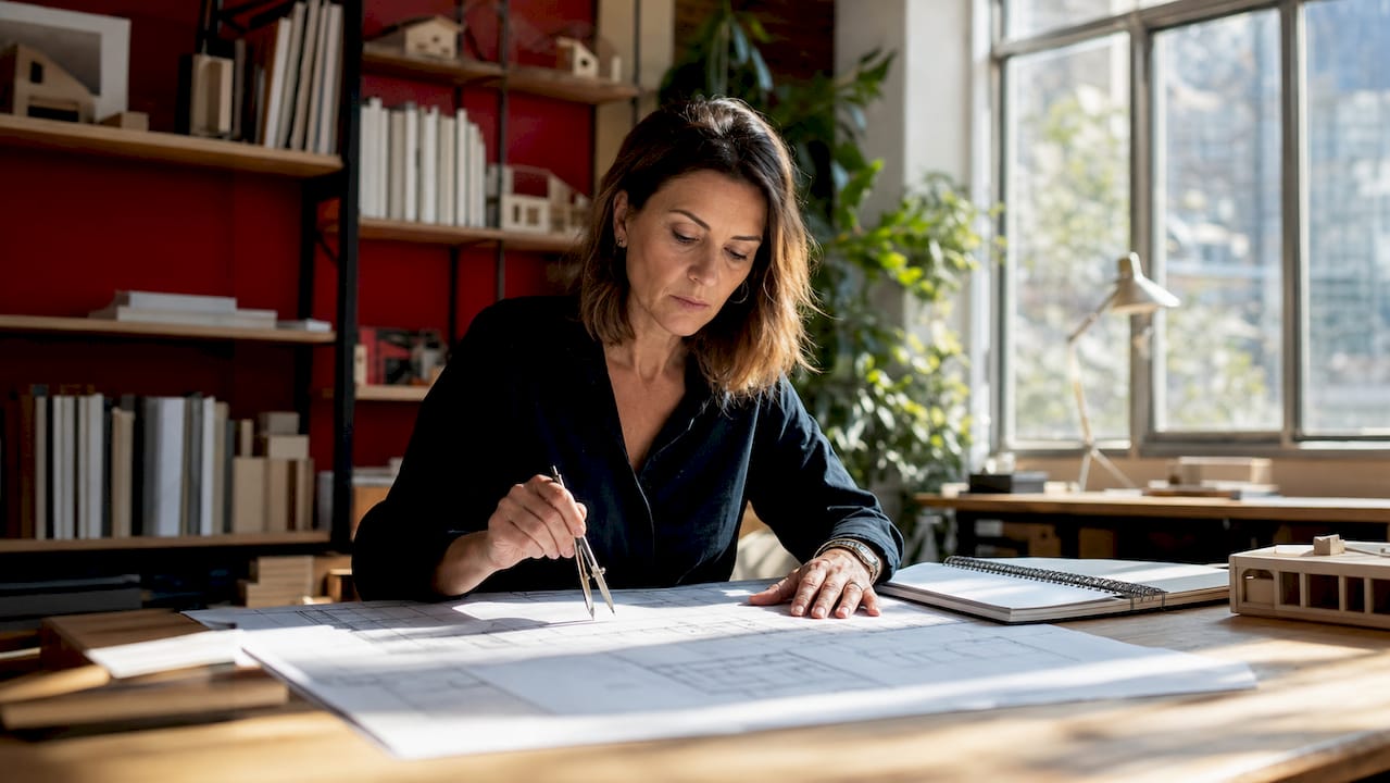 Een architect buigt zich thuis aan zijn bureau over bouwtekeningen en verdiept zich in verschillende bouwmethodes.