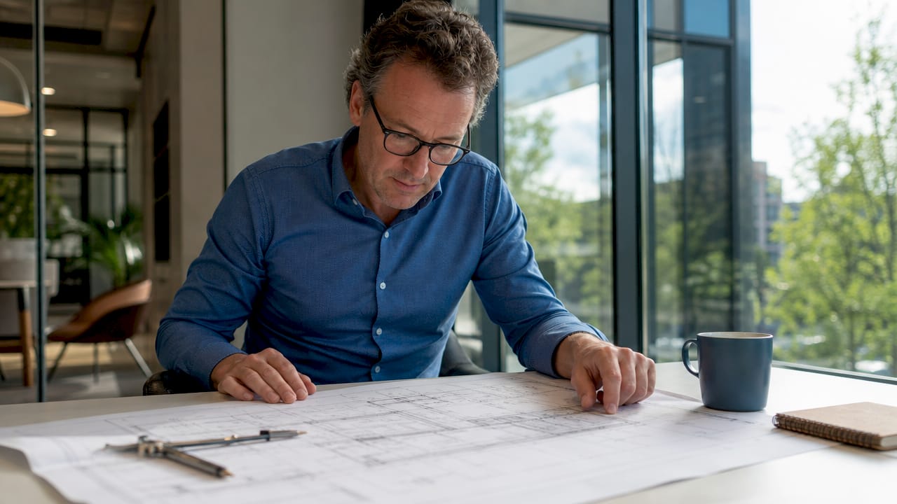 Man zit aan de eettafel thuis verdiept in bouwtekeningen