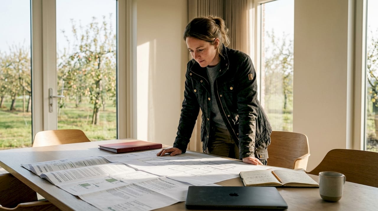 Een bouwspecialist kijkt kritisch naar de milieueisen en controleert of de bouwtekeningen hieraan voldoen.
