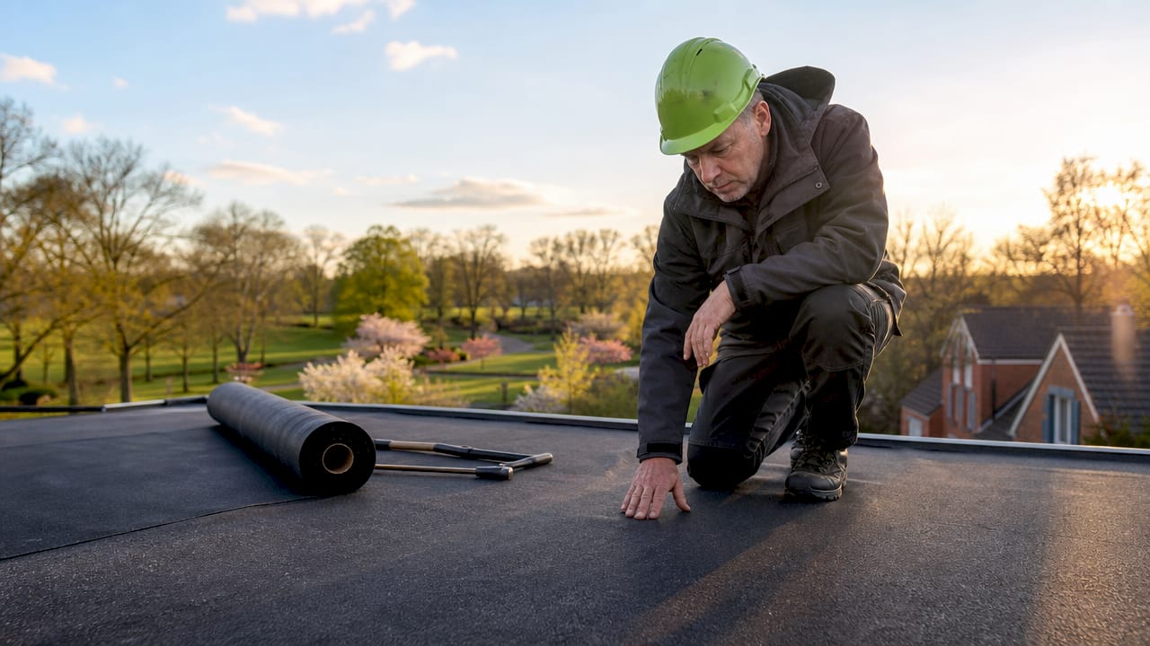 Een dakdekker controleert de waterdichtheid van een EPDM dakbedekking.