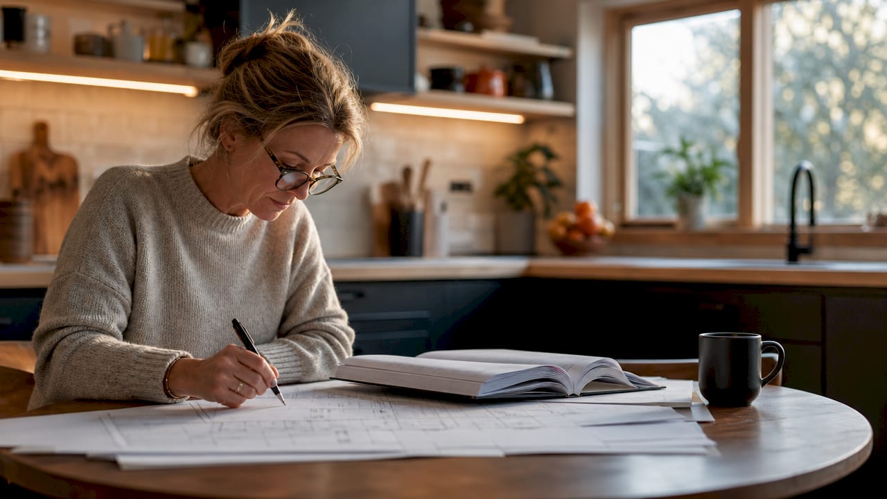 Een vrouw zit thuis aan de eettafel verdiept in het bouwbestek.