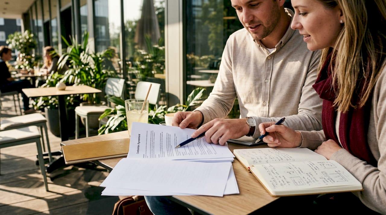 Een stel zit samen aan de keukentafel om het contract met de aannemer door te nemen.