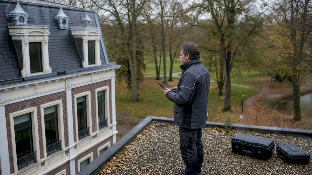 Een man controleert de staat van een woning in het kader van vastgoedonderhoud.