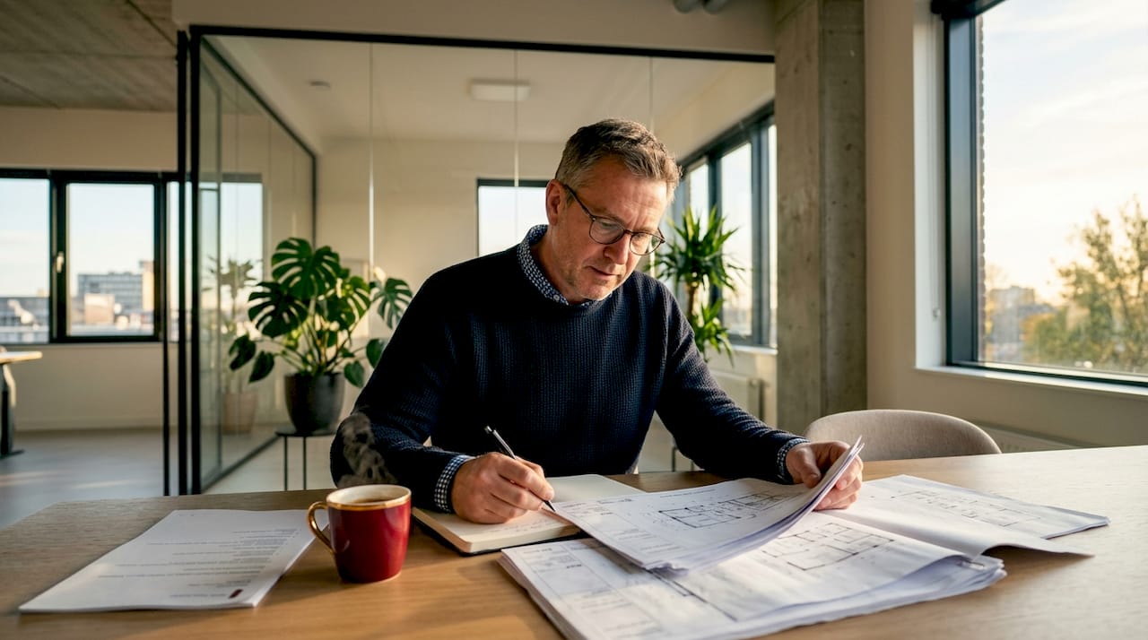 Een huiseigenaar zit aan de keukentafel en bekijkt de papieren van de bouwvergunning aandachtig.