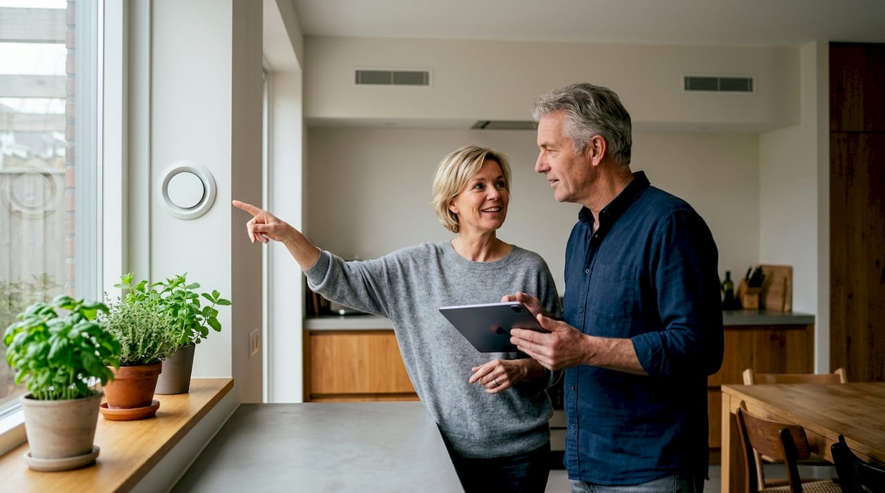 Een stel bekijkt samen in huis hoe hun ventilatiesysteem functioneert en bespreekt of het aan hun wensen voldoet.