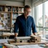 Een architect bestudeert het schaalmodel van een bedrijfsgebouw.