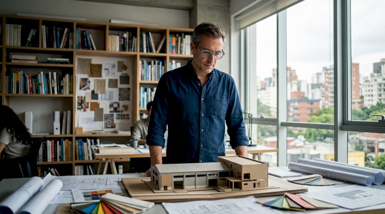 Een architect bestudeert het schaalmodel van een bedrijfsgebouw.
