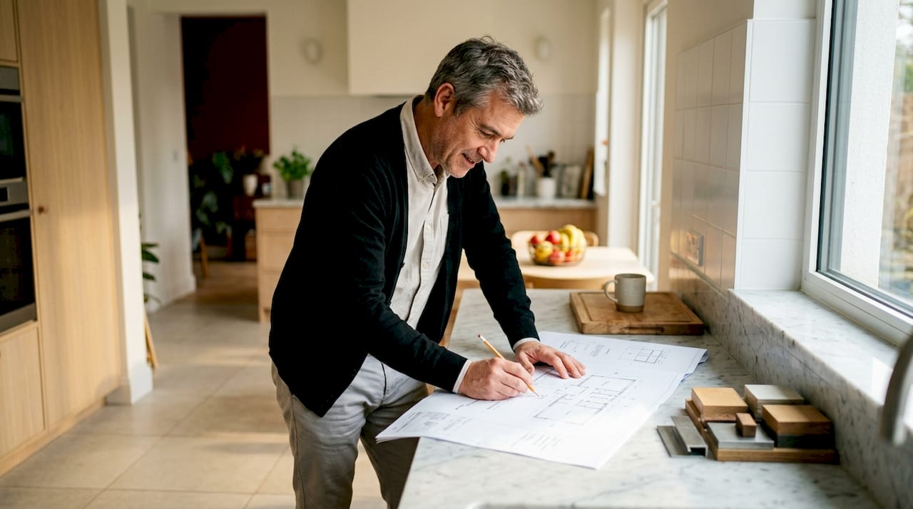 Een architect buigt zich over de verbouwingstekeningen aan zijn bureau.