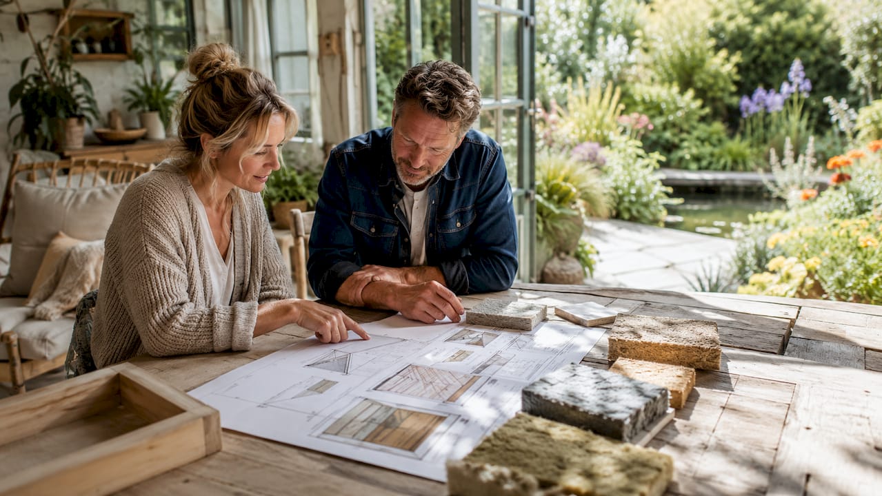 Stel bespreekt samen het duurzame bouwplan aan de keukentafel