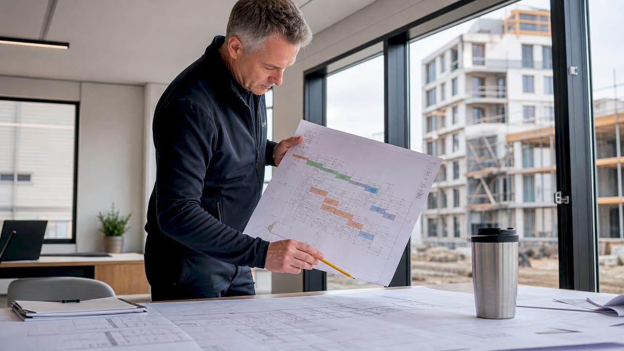 De projectmanager loopt het stappenplan voor de renovatie zorgvuldig door.
