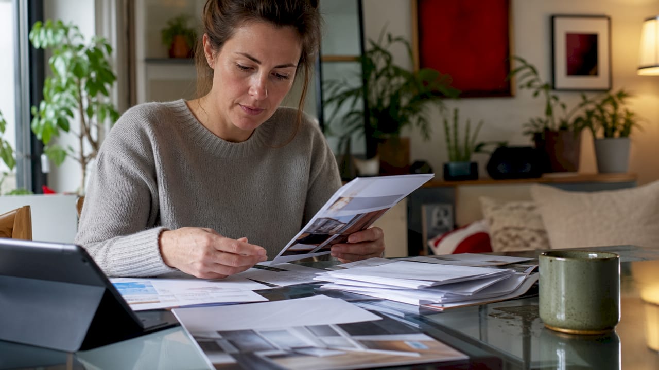Aan de keukentafel sorteert een vrouw alle papieren voor de verbouwing.