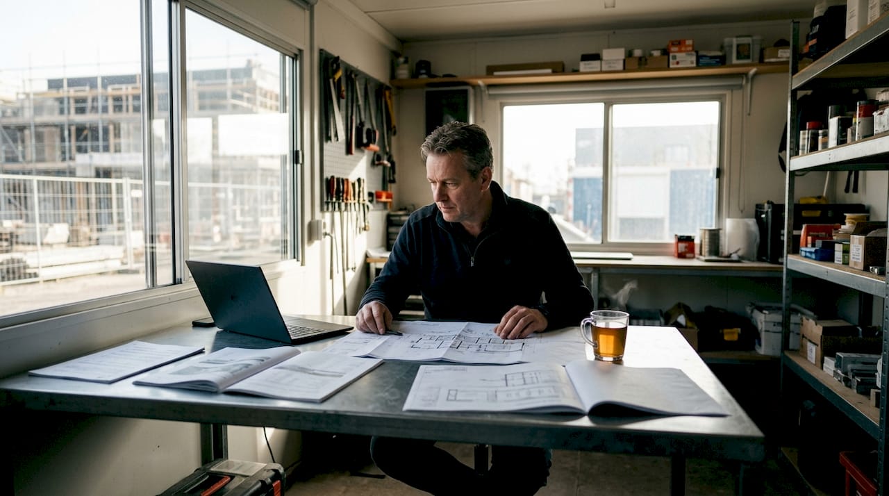 Een bouwmanager bekijkt de bouwtekeningen aandachtig aan zijn bureau.