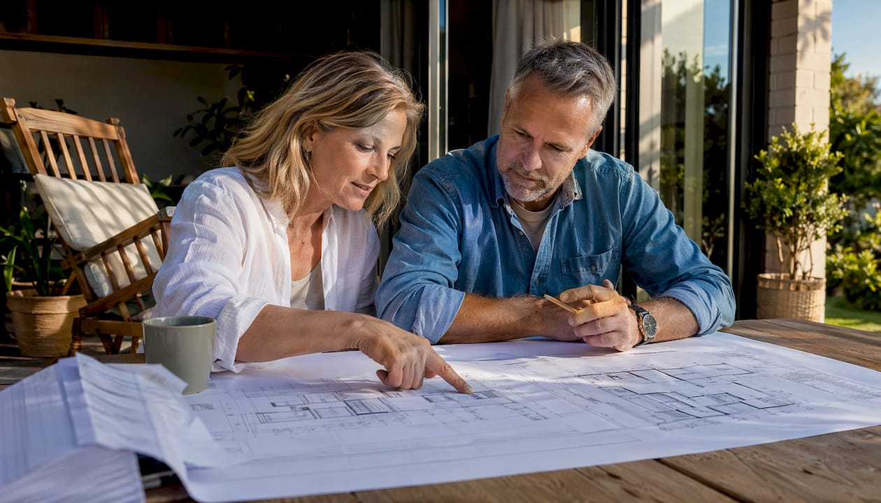 Een stel zit samen aan de eettafel om de plannen voor hun aanbouw door te nemen.