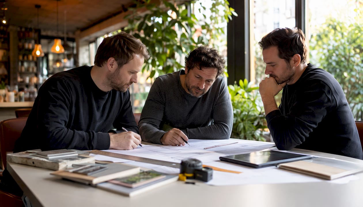 Het team van binnenafbouwspecialisten buigt zich samen over de bouwtekening.