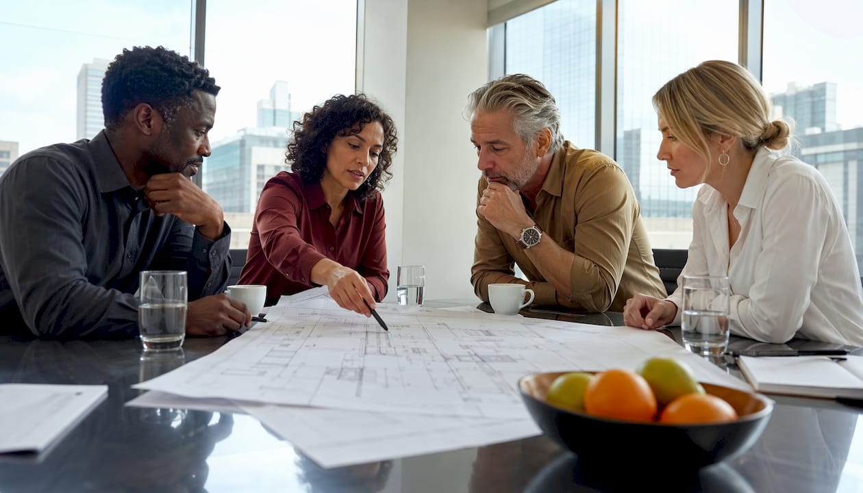 Het bouwteam schuift aan om samen te praten over bouwen met de klant centraal.