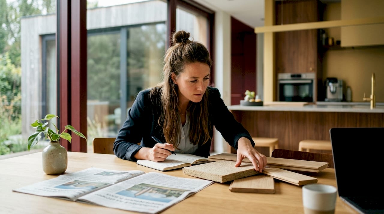 Een architect beoordeelt verschillende monsters van duurzame bouwmaterialen.