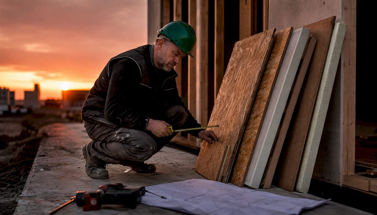 Een bouwvakker controleert buiten de gebruikte duurzame materialen.