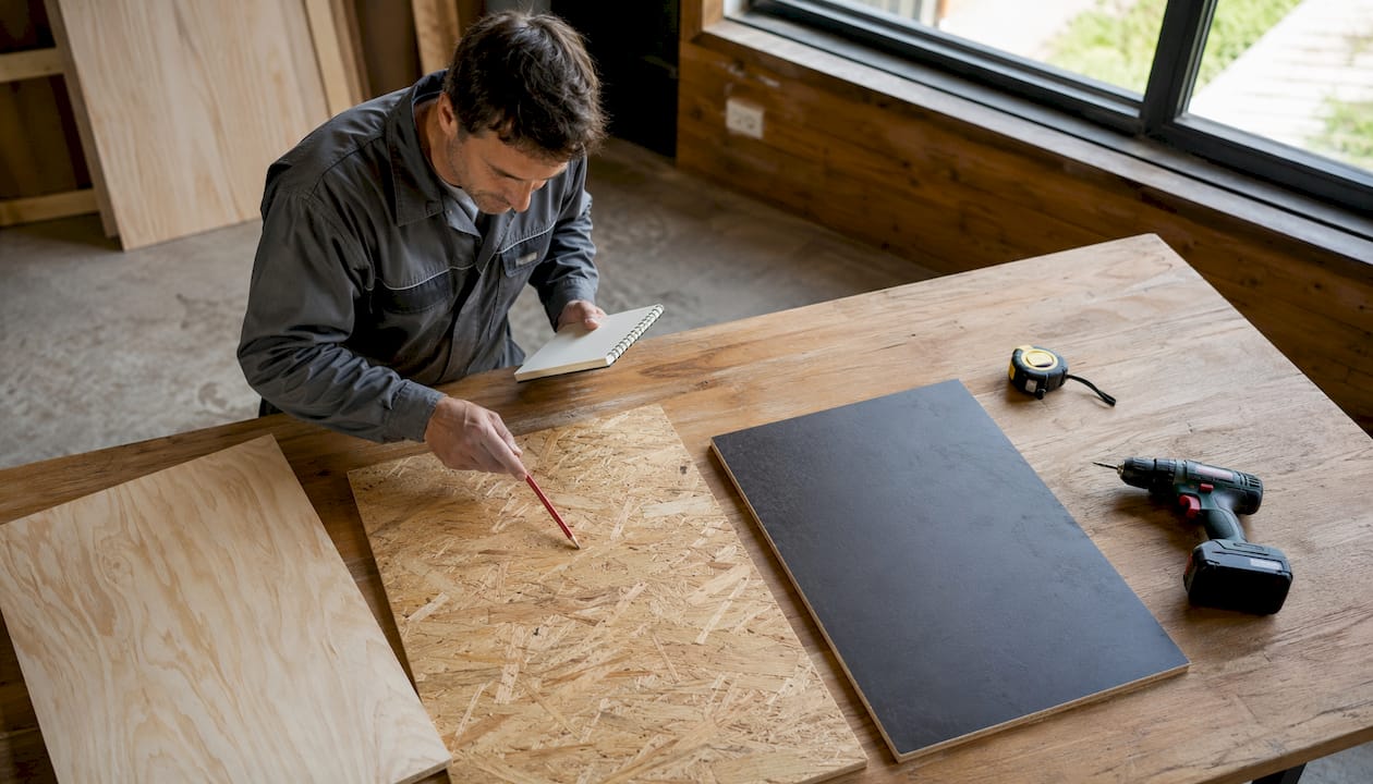 In de werkplaats bekijkt een ervaren dakdekker verschillende soorten dakbeschot om te bepalen welke het beste is voor het volgende project.
