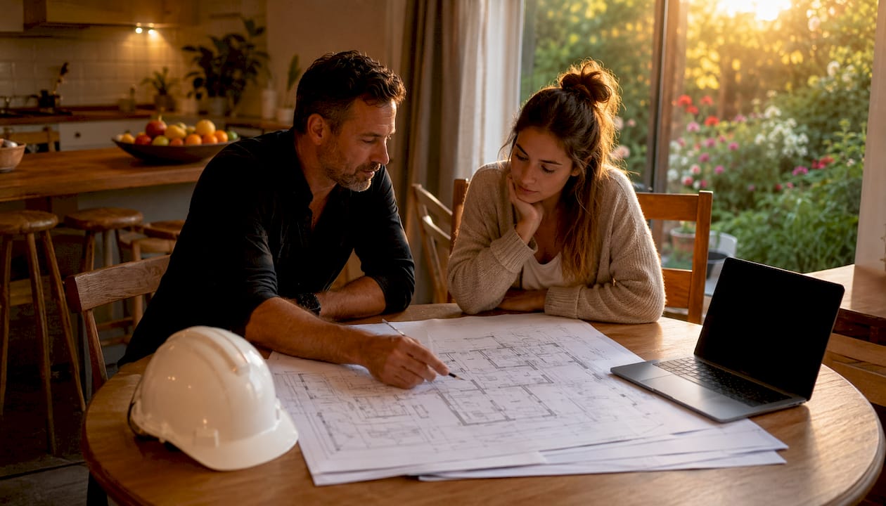 De aannemer en de eigenaar van de woning bespreken samen de werkzaamheden aan het huis.