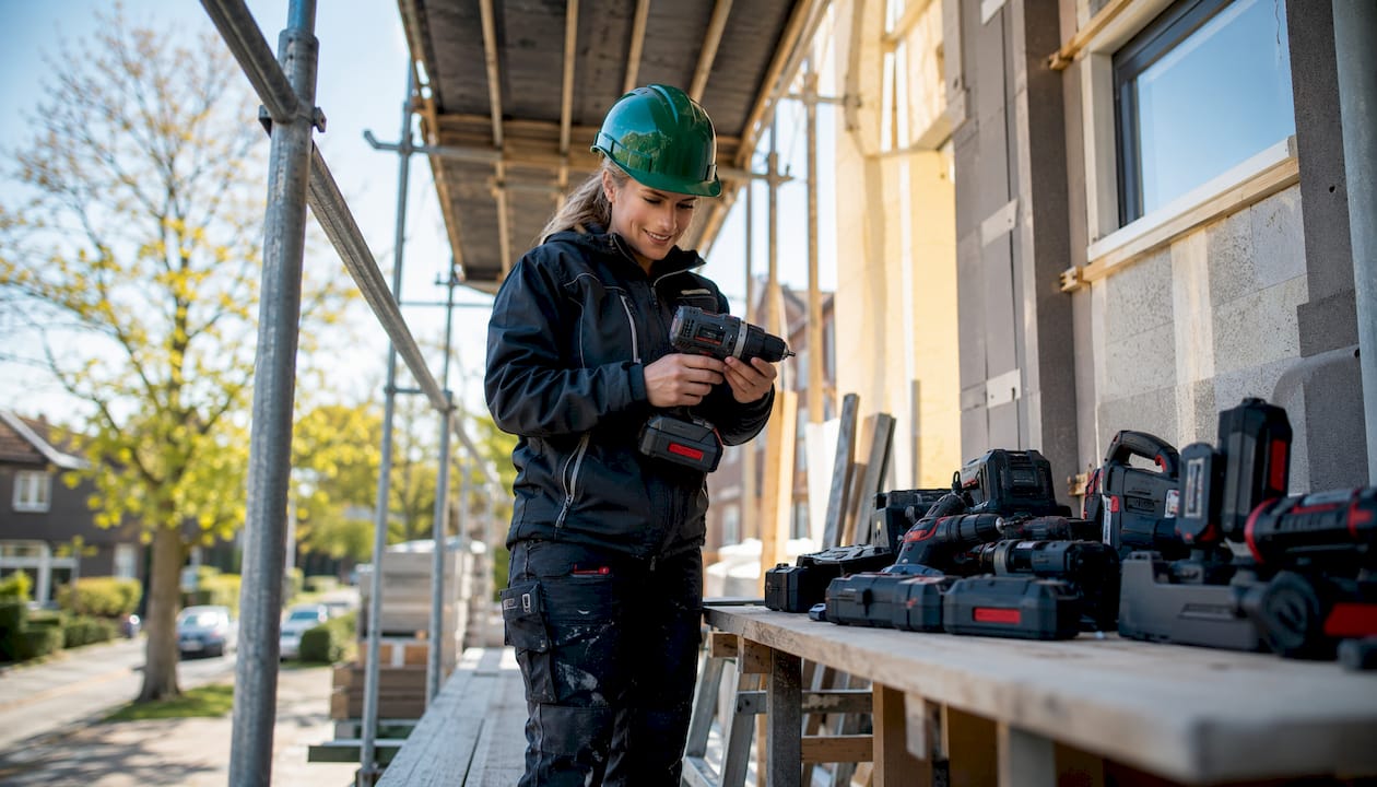 De projectleider loopt de steiger op om het accu gereedschap te inspecteren.