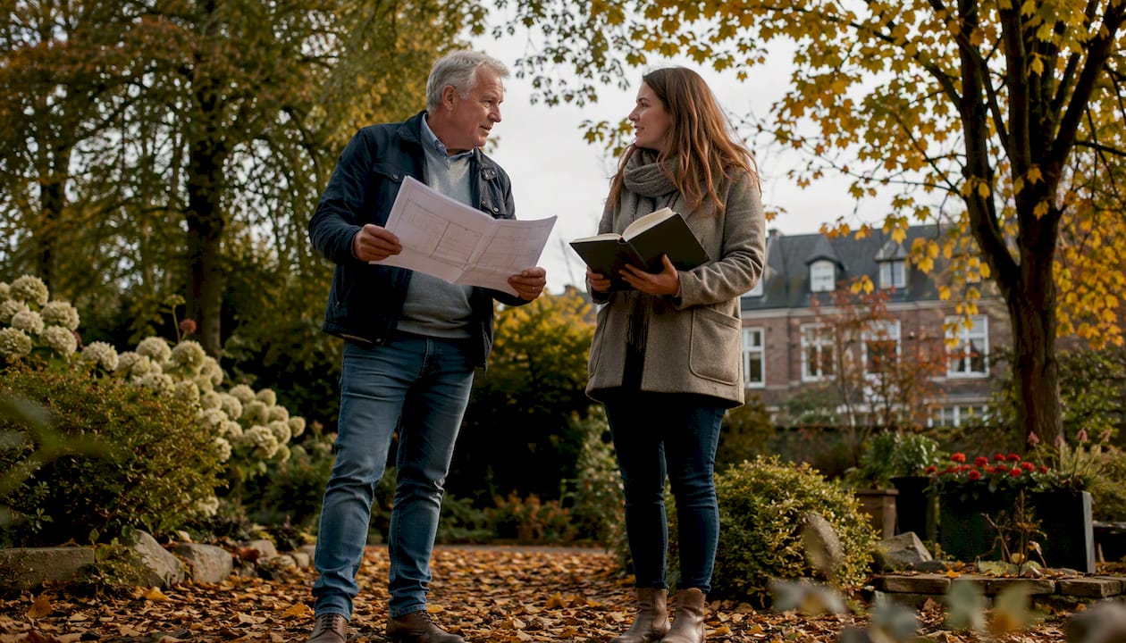 Twee huiseigenaren staan buiten te overleggen over de vergunning voor hun dak.